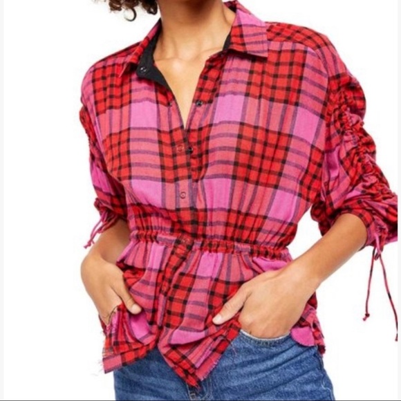 FREE PEOPLE Pacific Dawn Blouse Bohemian Top Plaid Snap Buttons Ballon Sleeves - Picture 6 of 6
